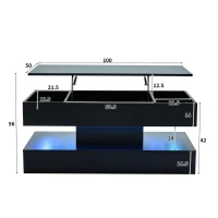 Tavolino da salotto moderno con illuminazione LED e spazio a scomparsa, 100x50x42 cm, Nero(m-3)