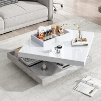 Tavolino da caffè lucido e girevole a 2 livelli con ripiano portaoggetti, 70x70x36 cm, Bianco(m-5)