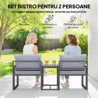Outsunny Set Bistro Grădină 3 Piese pentru 2 Persoane, Masă și Scaune Exterior cu Șezut Textilen și Perne, Gri(m-4)