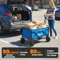 Outsunny Carrinho de Jardim Dobrável com Rodas Bloqueáveis Cabo Ajustável Porta-Copos Carga 80 kg para Camping 85x50x99 cm Azul(m-4)