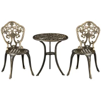 Outsunny 3 Piece Cast Aluminium Garden Bistro Set for 2 with Parasol Hole, Outdoor Coffee Table Set, Two Armless Chairs and Round Coffee Table for Balcony, Patio, Bronze(m-10)