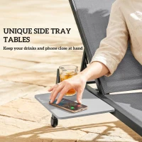 Outsunny Sun Loungers Set of 2 with Side Tray Table, Garden Recliners with 5-Position Adjustable Backrest, 2 Wheels, Grey(m-4)