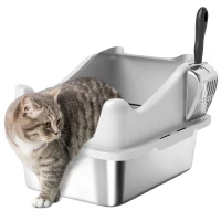 PawHut Bac à litière en acier inoxydable, maison de toilette pour chat, bords hauts, nettoyage facile, 43,1x33,2x25,4cm, gris(m-11)