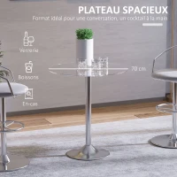 HOMCOM Table à manger ronde pour 2 personnes, table de cuisine moderne avec plateau en verre trempé et base en acier, argenté(m-5)