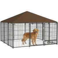 PawHut Chenil extérieur pour chiens en acier et tissu Oxford avec support gamelle toit 211 x 211 x 151 cm noir et café(m-11)