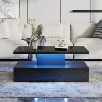 Tavolino da salotto a 2 livelli con luce LED a 16 colori, ripiano aperto e cassetto, 100x50x39 cm, Nero(m-4)