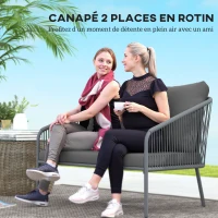 Outsunny Canapé de jardin 2 places en résine tressée avec coussins canapé d'extérieur accoudoirs cadre en acier 112x72x76cm gris(m-4)