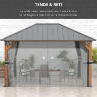 Outsunny Pergola da giardino con tetto rigido in metallo zincato, struttura in alluminio, tendaggi e zanzariere, 3x4 m(m-4)