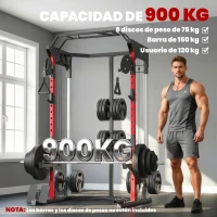 SPORTNOW Jaula de Potencia Smith Machine, Rack para Sentadillas con Sistema Polea Ajustable Barra Dominadas y Estación de Fondos(m-5)