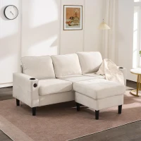 Divano letto angolare a 3 posti con 2 portabicchieri, 3 porte USB e tasche laterali, 202x137x80 cm, Beige(m-4)