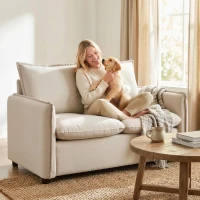 HOMCOM 2-Sitzer-Sofa, gepolstert mit atmungsaktivem Lederoptik-Stoff, dicke Polsterung, 2 Kissen, Armlehnen, für Wohnzimmer, Creme(m-4)