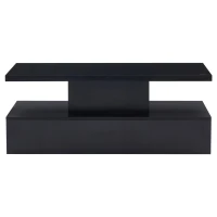 Tavolino da salotto a 2 livelli con luce LED a 16 colori, ripiano aperto e cassetto, 100x50x39 cm, Nero(m-6)