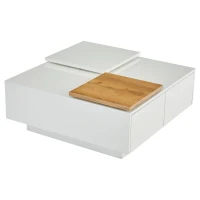Tavolino da caffè moderno e lucido con piani scorrevoli e 4 cassetti, 75x75x33 cm, Bianco e color legno(m-2)