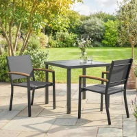 Outsunny 2er-Set stapelbare Gartenstühle aus Metall und Textilene, WPC-Armlehnen, hohe Rückenlehne, 56x62x89cm, Grau(m-6)