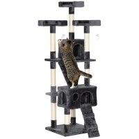 PawHut Albero Tiragraffi per Gatti con 3 Posatoi, 2 Casette e Giochi Appesi, in Legno e Peluche, 49x49x173 cm, Grigio(m-11)