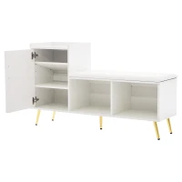 Mobile scarpiera lucido con panca imbottita, ripiani regolabili e dettagli dorati, 120x35x71.5 cm, Bianco(m-13)