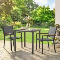 Outsunny 2er-Set stapelbare Gartenstühle aus Metall und Textilene, WPC-Armlehnen, hohe Rückenlehne, 56x62x89cm, Grau(m-2)