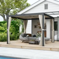 Outsunny Pergola carrée avec toit coulissant 2 panneaux et rideaux structure métal aluminium 3 x 3 m beige(m-10)