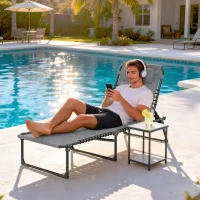 Outsunny Bain de Soleil transat Pliable Dossier inclinable Multi-Positions Acier thermoplastique Lacets élastiques Noir textilène Gris(m-10)