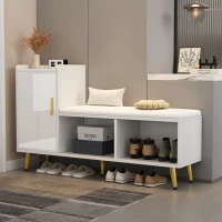 Mobile scarpiera lucido con panca imbottita, ripiani regolabili e dettagli dorati, 120x35x71.5 cm, Bianco(m-1)