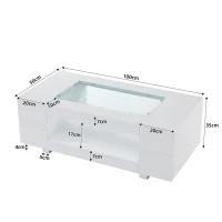 Tavolino da salotto a LED con controllo tramite app Bluetooth, piano in vetro e design cavo, 100x50x35 cm, Bianco(m-3)