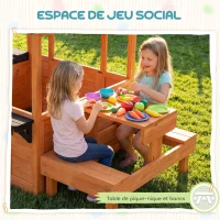 AIYAPLAY Cabane enfant extérieur en bois maison enfant extérieure table bancs évier porte fenêtre supports de fleurs marron(m-5)