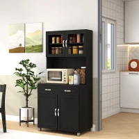 HOMCOM Buffet haut cuisine, armoire de cuisine avec 4 portes, tiroir, plan de travail, étagères réglables, 80x48x170cm, noir(m-2)