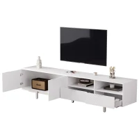 Mobile TV moderno con motivi a righe e ripiani aperti, in truciolato, 200x40x51 cm, Bianco(m-15)