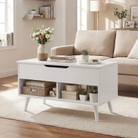 HOMCOM Mesa de centro con tablero elevable y espacio oculto, 75 cm Blanco punzonado(m-4)