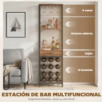 HOMCOM Mueble de Bar para Vinos con Soporte de Copas y Cajón Botellero para 12 Botellas con Estante Abierto Marrón Rústico(m-4)