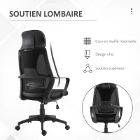 Vinsetto Chaise bureau ergonomique, fauteuil de bureau en maille, appui-tête, hauteur réglable, 64 x 55 x 116-126 cm, noir(m-7)