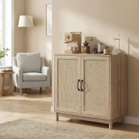HOMCOM Buffet salon, meuble de rangement avec 2 portes en rotin, étagère réglable et bords arrondis, 76 x 35 x 75,5 cm, chêne(m-8)