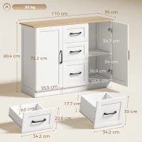HOMCOM Aparador para salón, mueble de almacenamiento con 2 puertas de cierre suave y 3 cajones, 110x35x80,4cm, blanco y efecto madera natural(m-3)