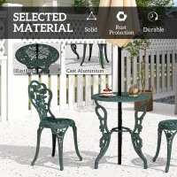 Outsunny 3-Piece Outdoor Garden Bistro Set, Cast Aluminium Antique Floral Print Coffee Table and Two Single Seat with Umbrella Hole, Green(m-17)