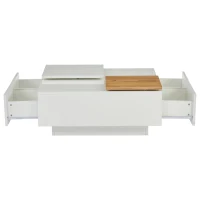 Tavolino da caffè moderno e lucido con piani scorrevoli e 4 cassetti, 75x75x33 cm, Bianco e color legno(m-12)