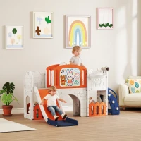 AIYAPLAY 7 in 1 Toddler Slide Set with Basketball Hoop, Climbing Frame, Telescope, Drawing Board, Storage Box, Orange(m-2)