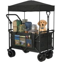 Outsunny Carro de Jardín Plegable con Ruedas Grandes Bloqueables Barra Ajustable Portavasos para Campaña 125x59x133 cm Negro(m-10)