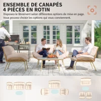 Outsunny Salon de Jardin 4 Pièces en Résine Tressée Coussin 12 cm Ultra Épais Canapé 138 cm 2 Fauteuils et Table Basse Beige(m-4)