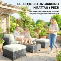 Outsunny Mobili da Giardino 6pz in Rattan e Acciaio con Divano, Tavolino e Cuscini, Grigio(m-4)