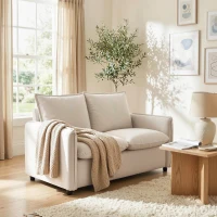 HOMCOM Sofá 2 Lugares Estofado em Tecido Efeito Pele Respirável, Acolchoamento Espesso, 2 Almofadas, Apoios de Braço, para Sala de Estar, Creme(m-5)