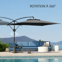 Outsunny Parasol déporté carré 3 x 3 m avec manivelle, base croisée, parasol inclinable rotation à 360° toile 180 g/m² gris foncé(m-7)