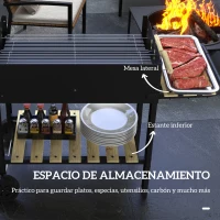 Outsunny Barbacoa de Carbón 113x53,5x82,5 cm con 2 Parrillas Alturas Ajustables Mesa Lateral, Estante y Ruedas para Jardín Negro(m-6)