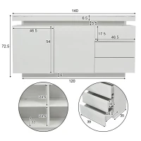 Madia moderna minimal e lucida con 2 ante e 3 cassetti, 140x35x72.5 cm, Bianco(m-3)