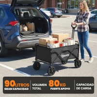 Outsunny Carro de Jardín Plegable con Ruedas Bloqueables Mango Ajustable Portavasos Carga 80 kg para Campaña 85x50x99 cm Negro(m-4)