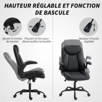 HOMCOM Fauteuil de bureau, chaise bureau ergonomique avec accoudoirs relevables, hauteur réglable, fonction de bascule, noir(m-4)