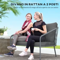 Outsunny Divano 2 Posti Stile Boho con Cuscini Sfoderabili e Braccioli, in Acciaio e Rattan PE, 112x72x76 cm, Grigio(m-4)