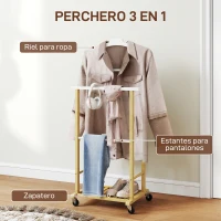 HOMCOM Galán de Noche Bambú con Ruedas Percha Superior Barras para Pantalones y Balda Inferior para zapatos Natural y Blanco(m-4)