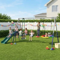 AIYAPLAY 5 in 1 Schaukelgestell mit Rutsche höhenverstellbar Schaukelgerüst mit Nestschaukel 382x196 x203 cm Mehrfarbig(m-2)