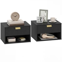 HOMCOM Set of 2 Wall Mounted Nightstands, Floating Bedside Tables with Fluted Drawer and Open Shelf for Small Bedroom, Black(m-10)