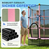 HOMCOM Trampolin für Kinder, Ø140 cm, mit Sicherheitsnetz, für innen und außen, Stahl, Kunststoff, belastbar bis 50 kg, Rosa(m-4)